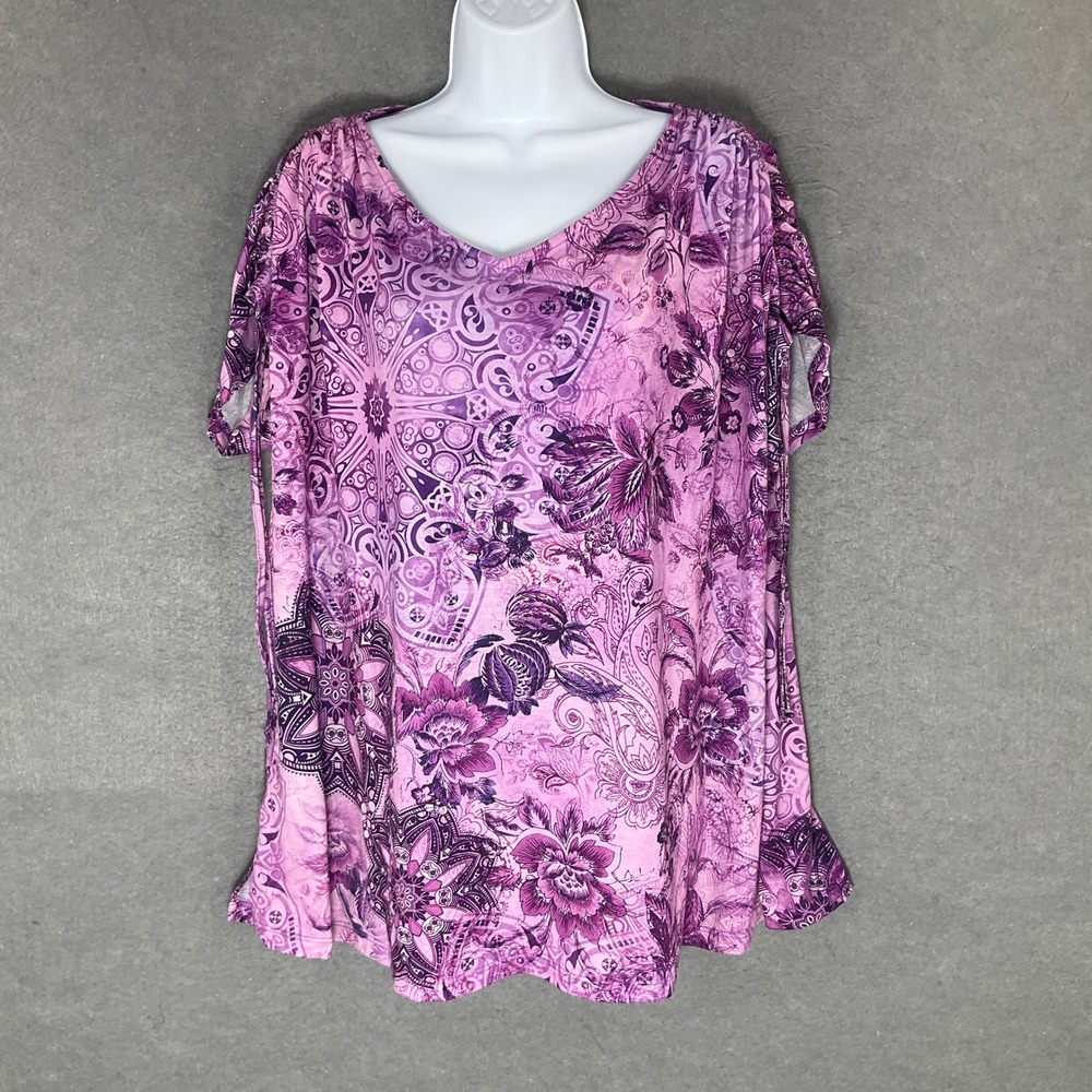 Catherines Top Womens 1X Purple Floral Paisley Print Short Sleeve V-Neck Tunic